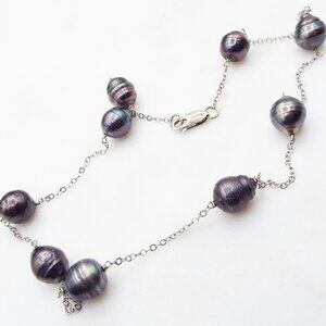 TAHITIAN BLACK PEACOCK BAROQUE PEARL (12.7MM X11.11MM) 14K WHITE GOLD NECKLACE F